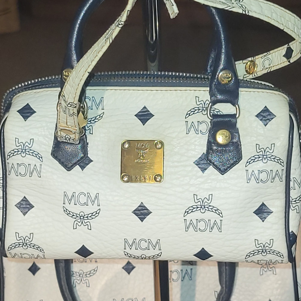 MCM White and Blue Mini Boston Bag